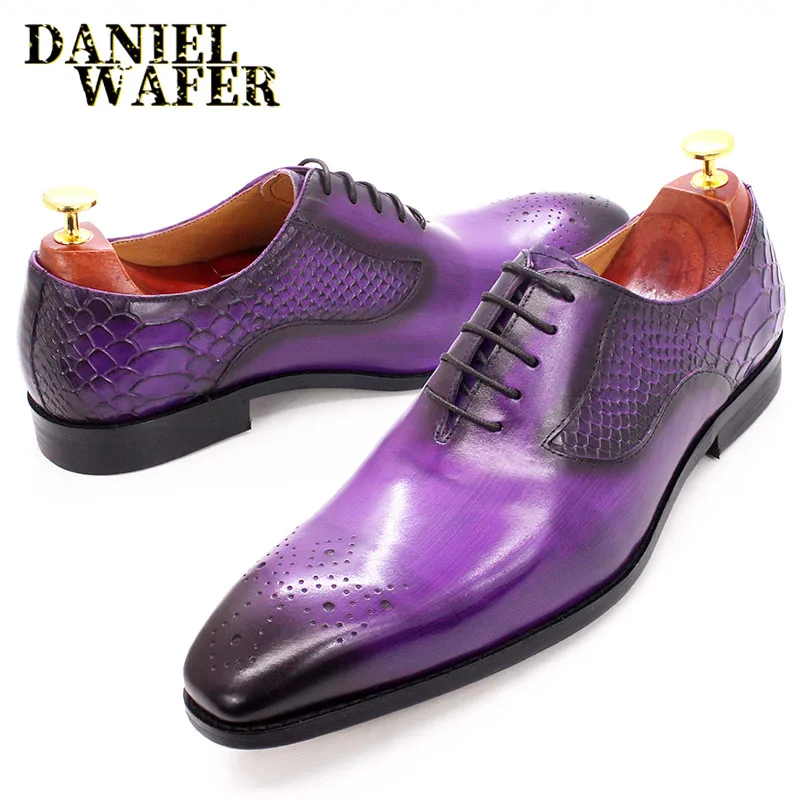 

Luxury Men's Oxford Shoes Fashion Snake Skin Print Lace-Up Black/Purple Dress Leather Formal Office Wedding Shoes