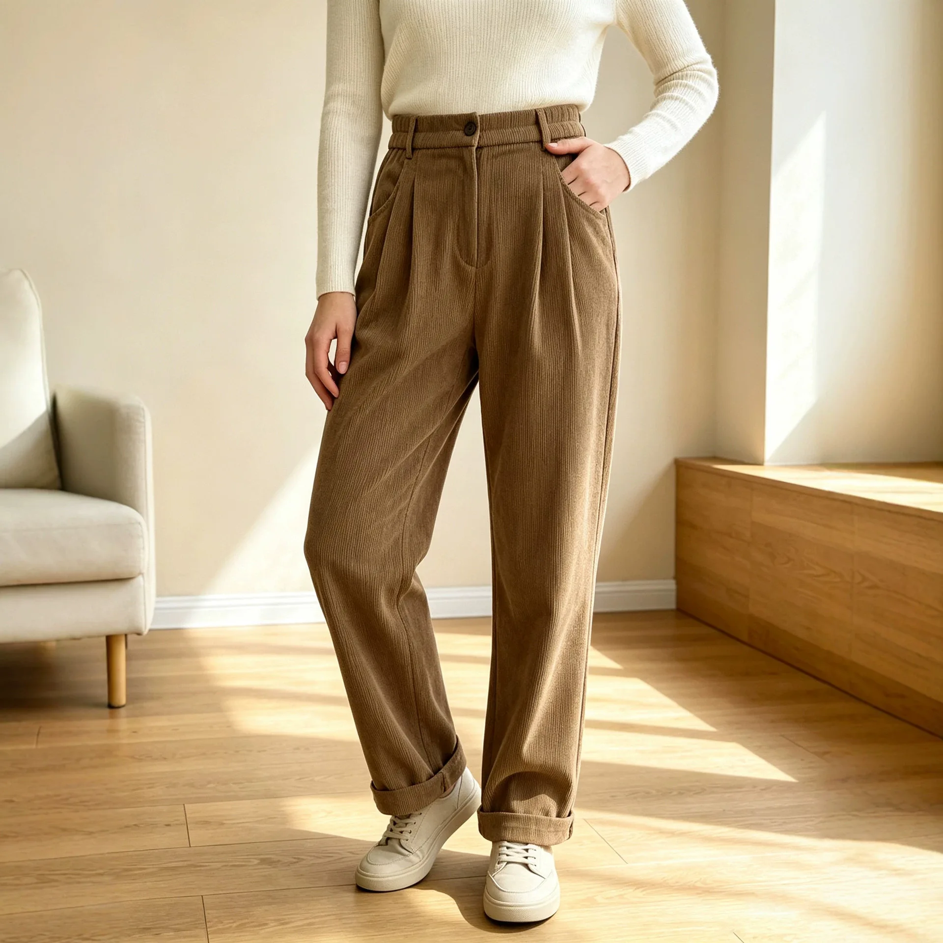 Run! And Autumn 1240; Season, 1240; Artistic Corduroy High-waisted Pants With Pockets, 1240; Casal, §124; And Stiglich Harem-sty