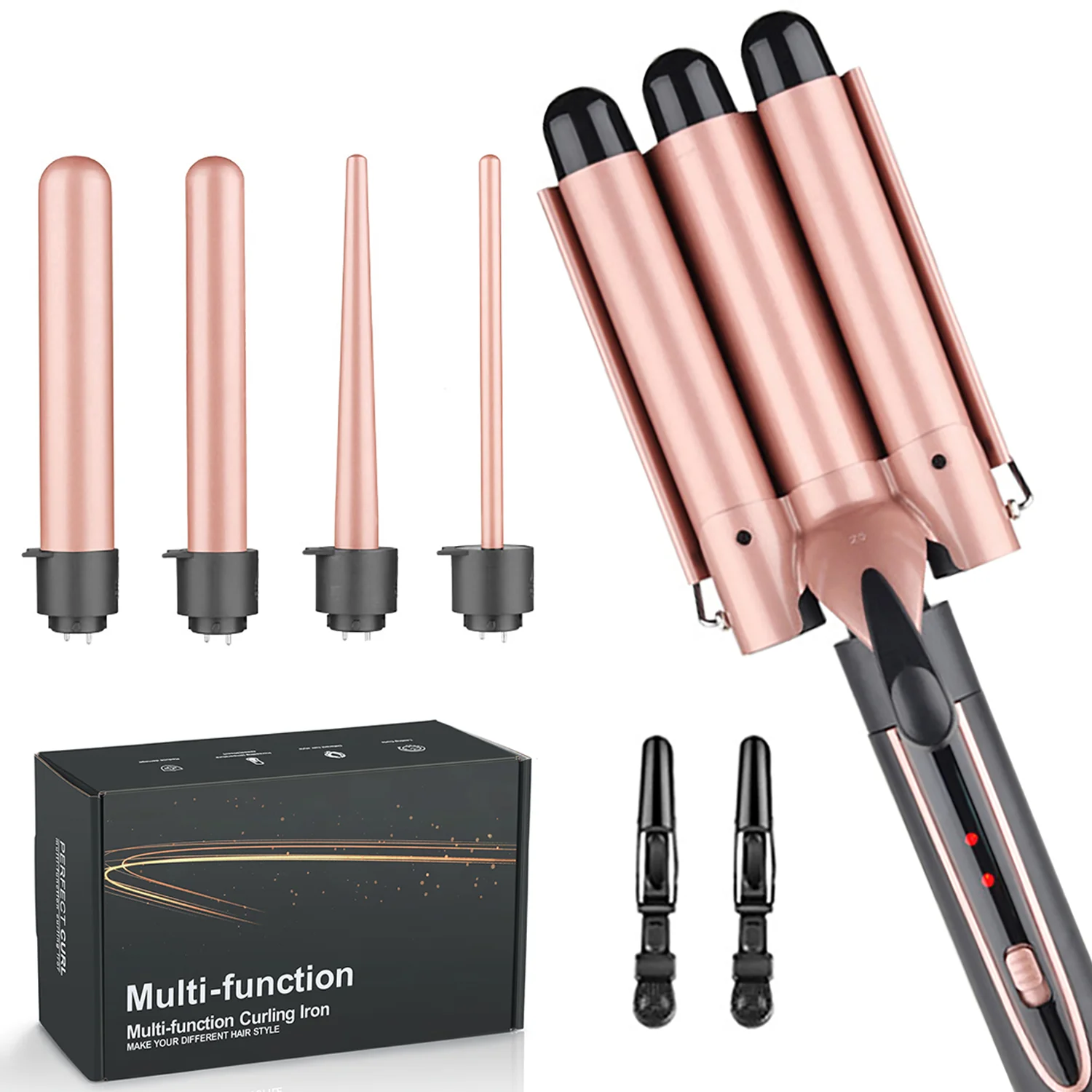 Langer Lauf-Lockenstab-Stab-Set, 5-in-1-Lockenstab-Set mit Keramikfass für langes/mittleres Haar, inklusive 2 Clips