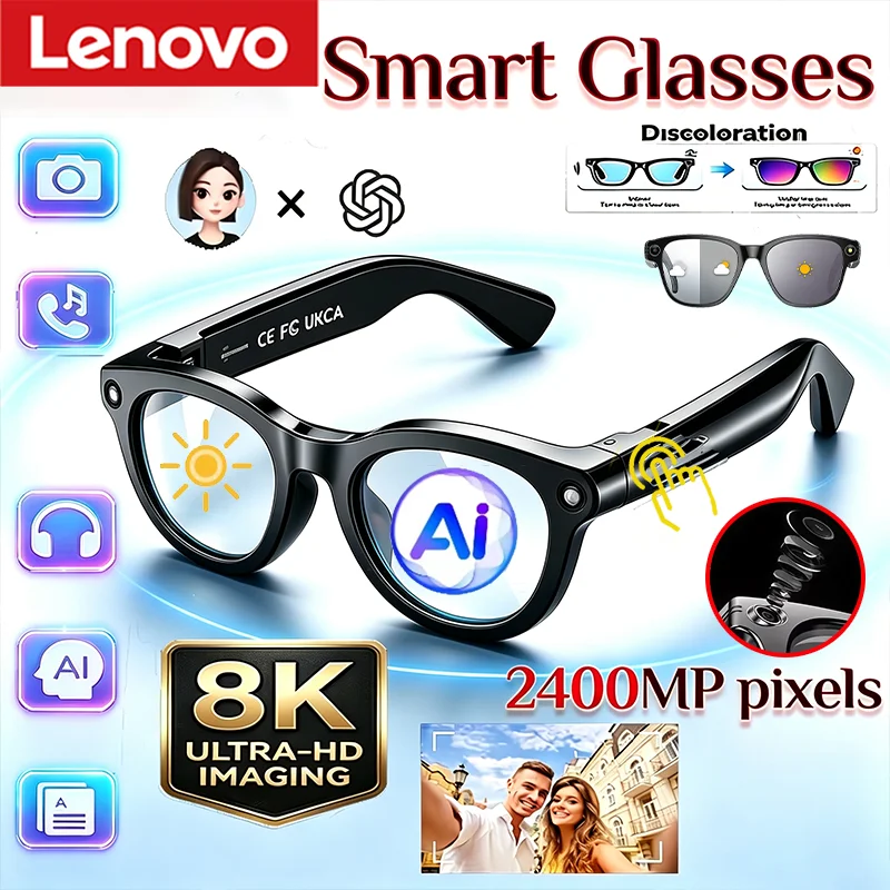 Lenovo 8K Bluetooth Smart  2400MP Video AI Glasses Photo Conversation Translation Recording Listening To Music Smart Sunglasses