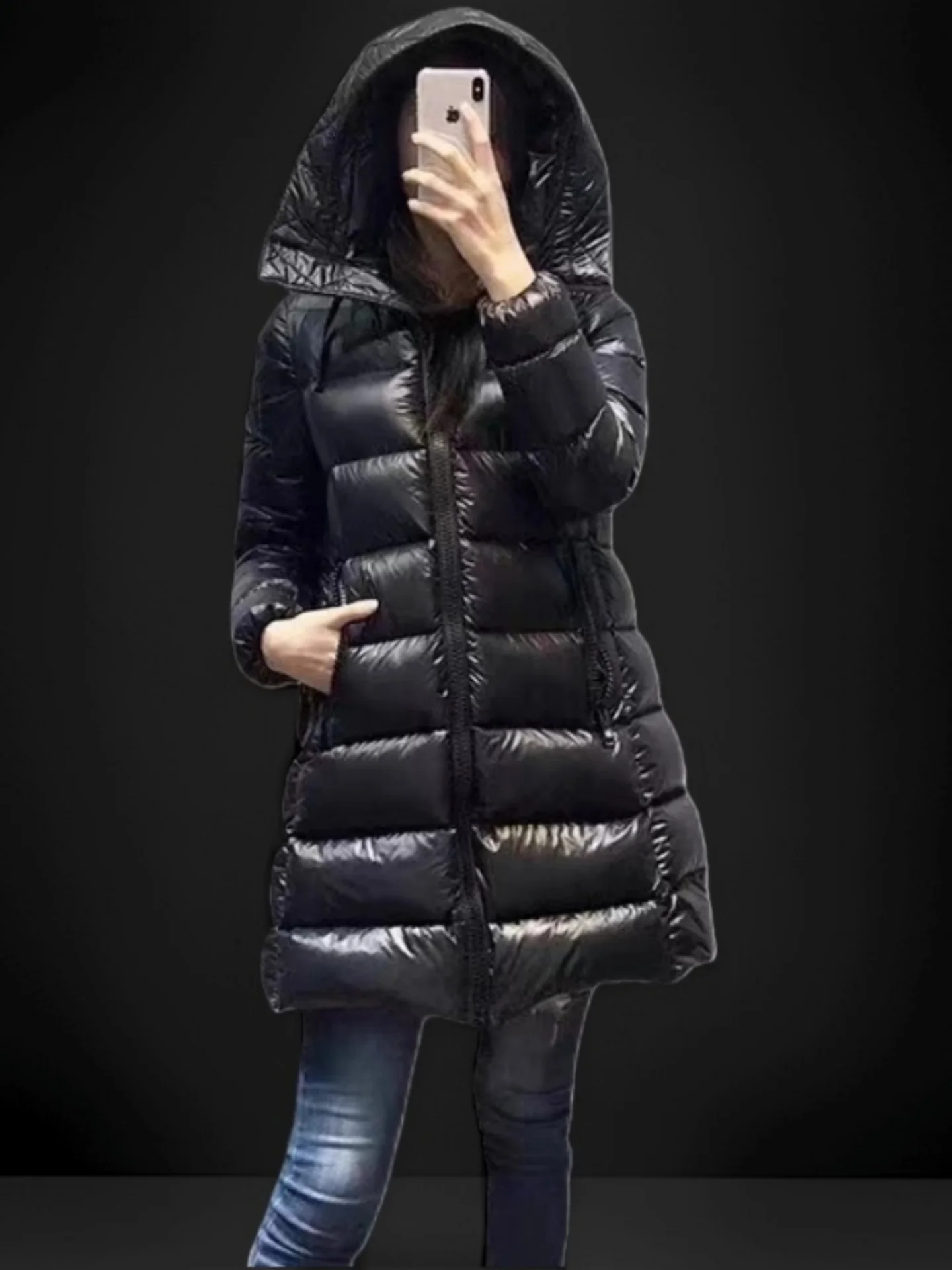 Classic A-Line Mid-Length Puffer Jacket Women's High Collar Thickened Hooded Belly Concealing Three-Proof Washable Doll Style