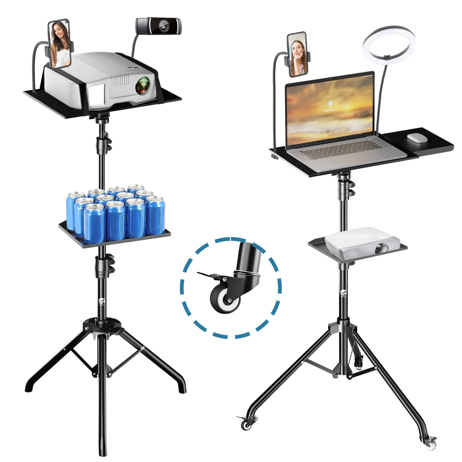 SH 145 cm trépied de projecteur support trépied d'ordinateur portable avec hauteur de roue 23 à 63 "support de bureau d'ordinateur extérieur pour Studio