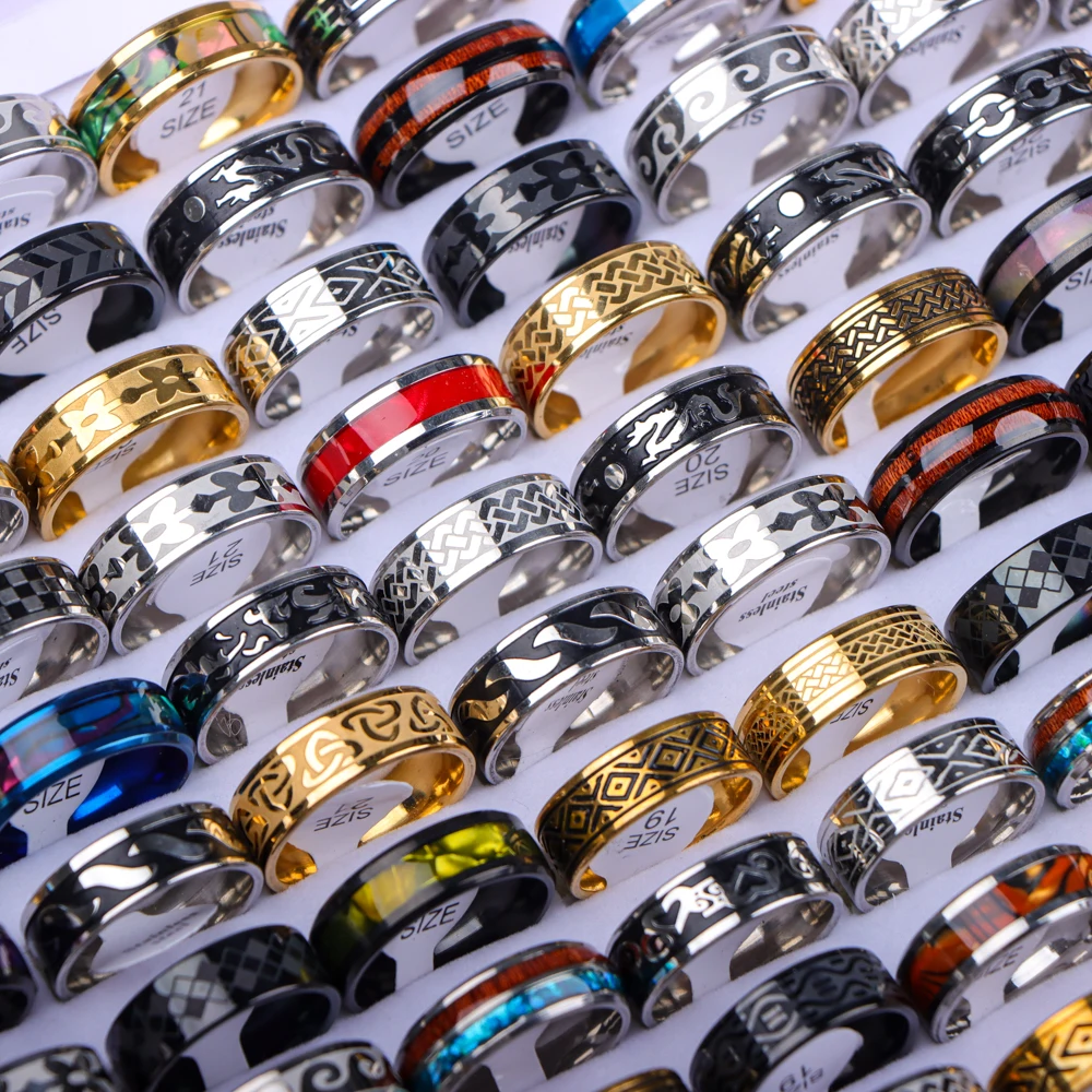 10/20/30/50Pcs/Lot Stainless Steel Fashion Ring Wood Grain Ring Men's Wedding Ring Women's Party Mixed Style Random Style view 3