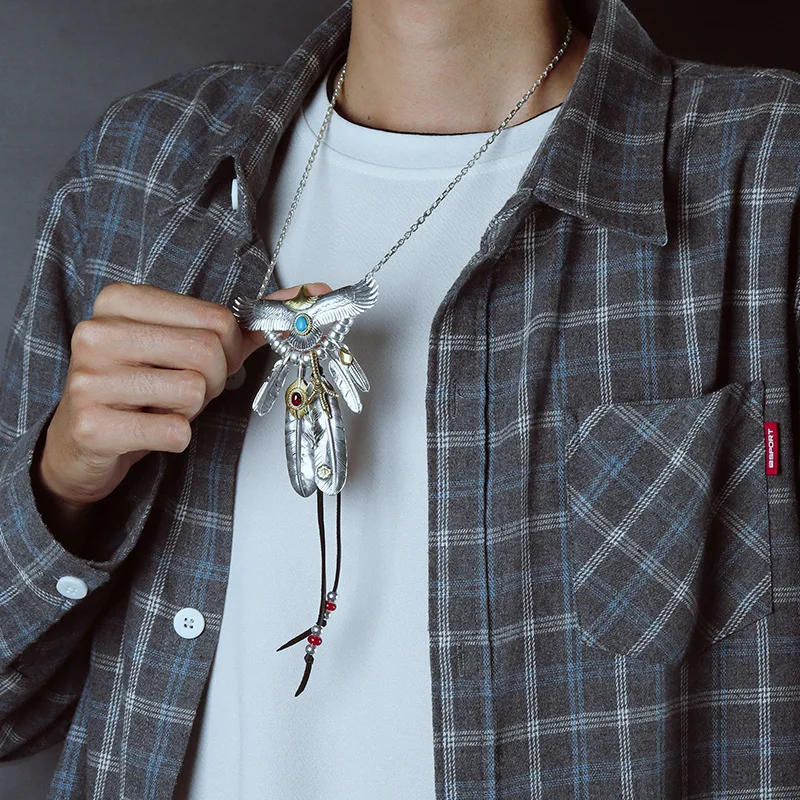 

S925 Silver Bridge Feather Eagle Indian Trendy Necklace Female Sweater Chain Hip Hop Men's Pendant