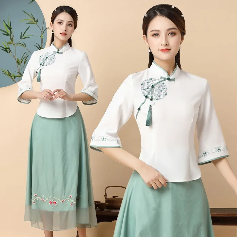 

4XL Traditional Chinese Clothing for Women 2 Pc Set Cheongsam Top Improved Retro Elegant Tang Suit Tea Zen Suit Hanfu Skirt