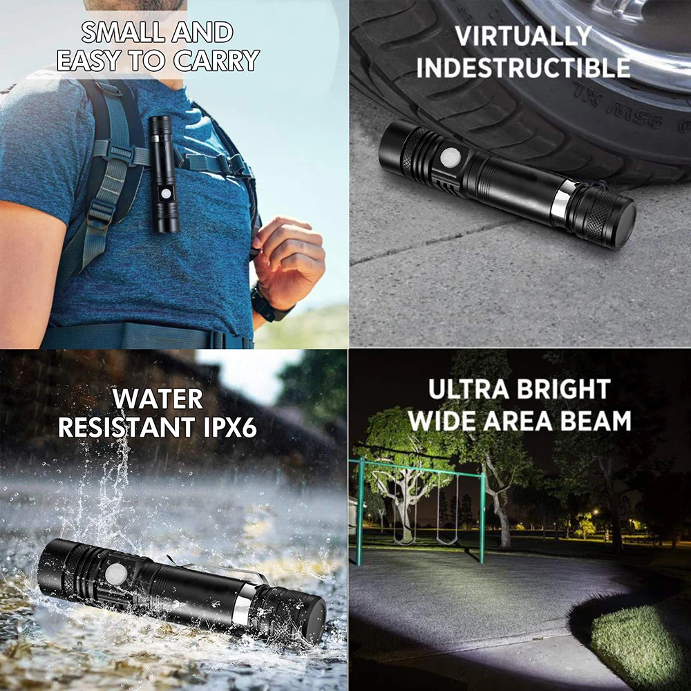 USB Rechargeable LED Flashlight Super Bright V6 Tactical Torch 4 Lighting Modes Zoomable Lamp Waterproof 18650 Camping  Lantern