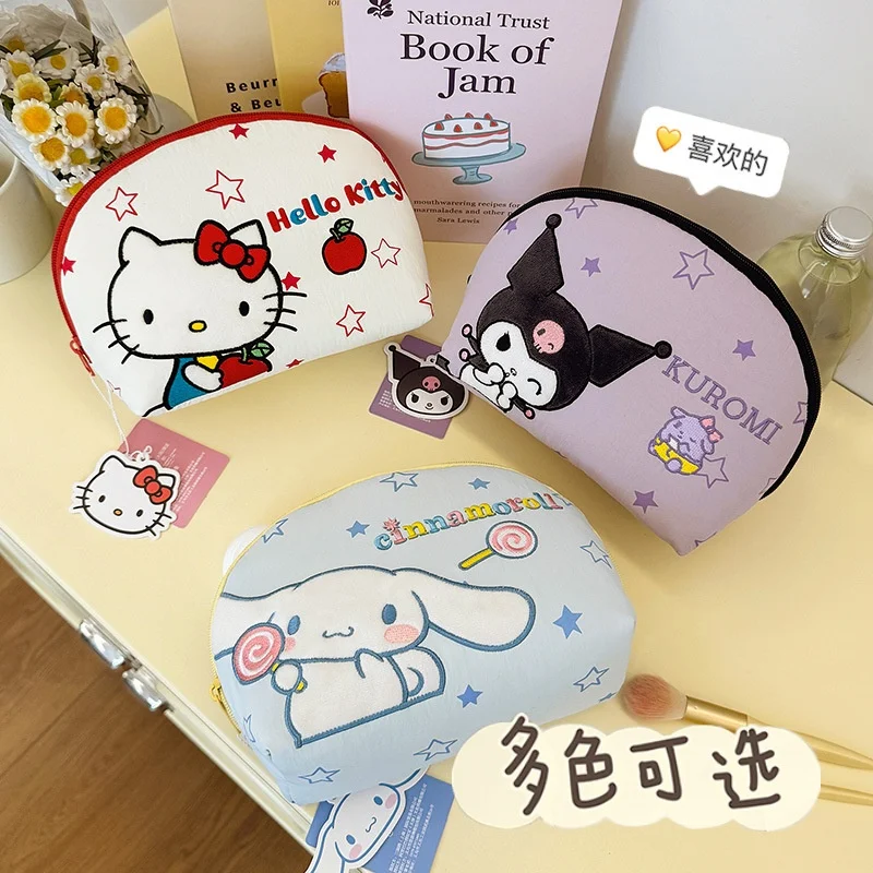 

Sanrio Fashion Hello Kitty Handheld Seashell Makeup Bag Large Capacity Cinnamoroll Kuromi Embroidery Cartoon Washing Storage Bag
