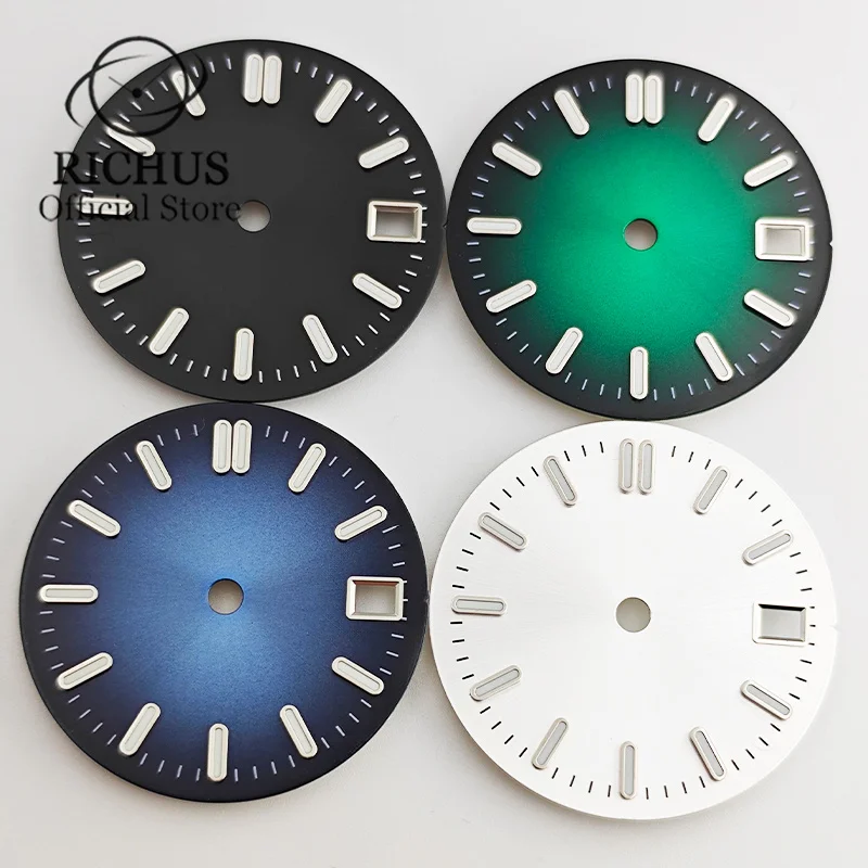 RICHUS 29mm black blue green silver watch dial luminous fit NH35 movement fit 3 o'clock crown 3.8 o'clock crown