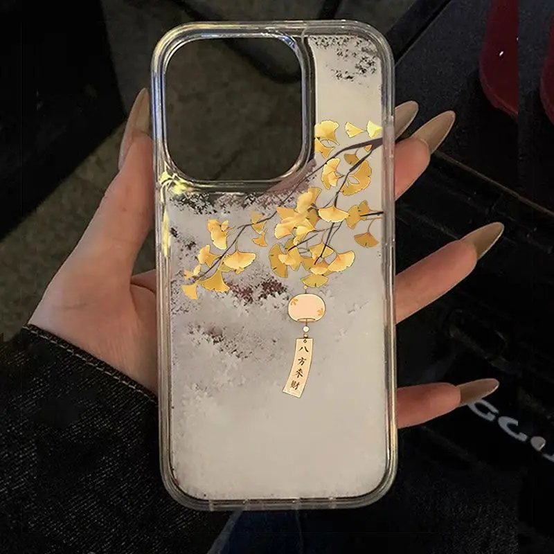 Чехол для телефона для iPhone 16, 15, 14, 13, 12, 11 Pro Max Plus INS в китайском стиле с принтом гинкго, снежным зыбучим песком, прозрачный защитный чехол