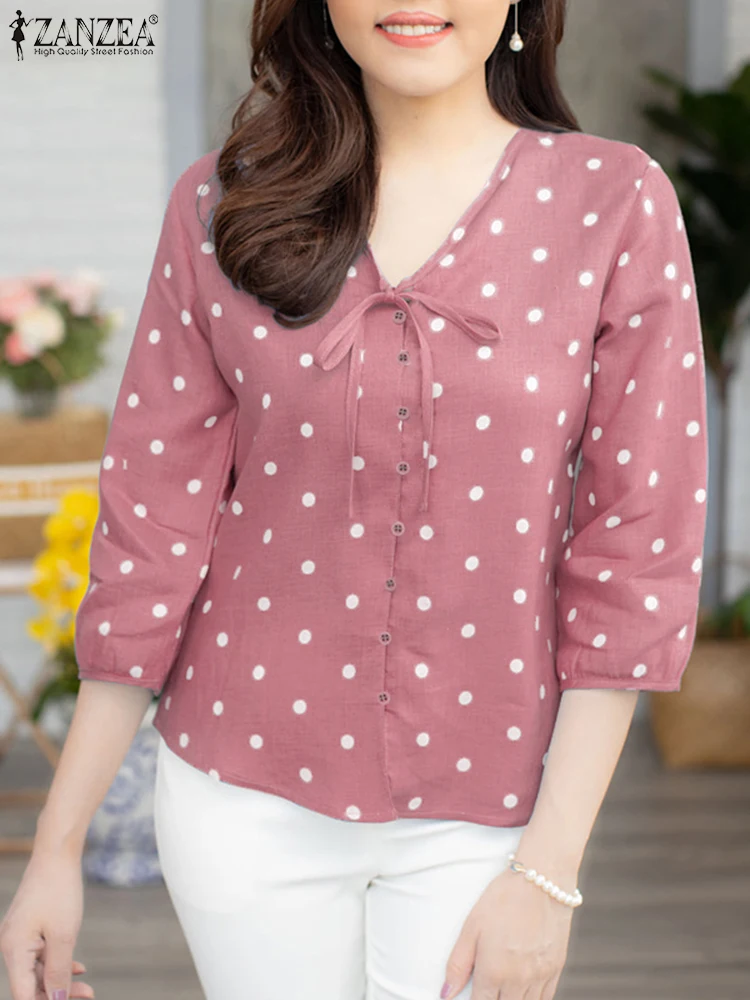 Casual Loose Lace Up Tops Tunics ZANZEA Bohemian Polka Dot Blouse Fashion 3/4 Puff Sleeve Shirts 2025 Spring Commuting Blusas