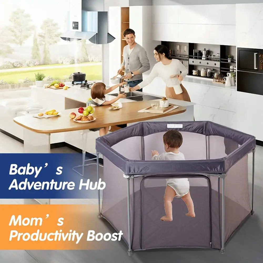 ساحة لعب محمولة مقاس 53 × 53 - روضة أطفال داخلية/خارجية مع جدران شبكية، مساحة آمنة قابلة للطي للسفر والاستخدام المنزلي (رمادي)
