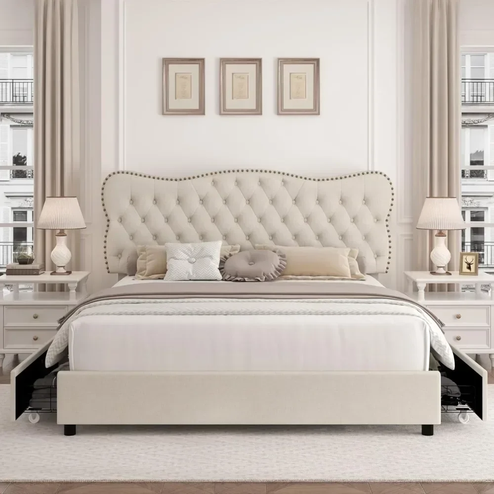 Bed Frame with 4 Storage Drawers, Upholstered Platform Bed Frame with Button Tufted Headboard, Heavy Duty Mattress Foundation