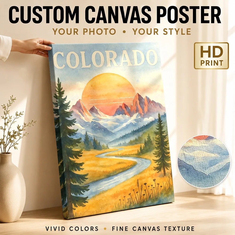 Colorado Sunset Valley – Vintage Watercolor Travel Framed Canvas Print Poster Customized Vintage City Wall Art for Hotel Decor