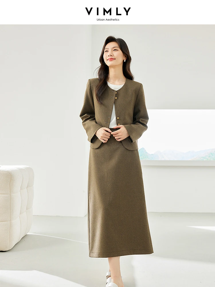 

VIMLY Women Elegant Solid Spring Autumn Office Lady Skirt Suits Midi Skirt And O-Neck Long Sleeve Jacket 2pcs Set 16075