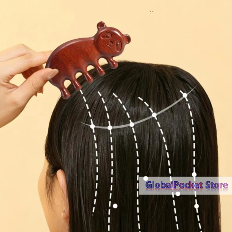 [TG823]Massage Comb Head Massager Sandalwood Five Tooth Comb Panda Shape Comb Scalp Scraping Massager Body Massage Tool