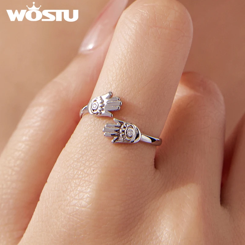 

WOSTU 925 Sterling Silver Hamsa Hand Hug Open Ring White Gold Bless Lucky for Women Birthday Daily Fine Jewelry Protection Gift