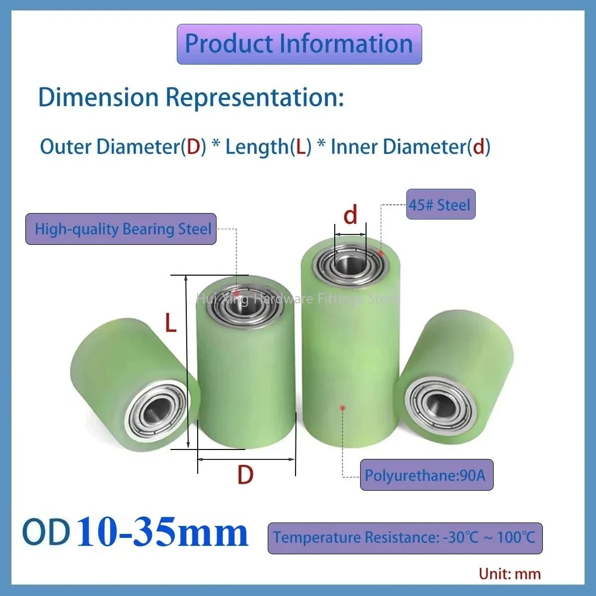 OD 10-35 Polyurethane Coated Roller Non-power Roller Double Bearing Rubber Wheel Non-power Series Rubber Coated Wheel
