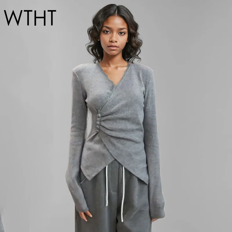 

WTHT Fashion Women's Spliced Lace Edge Deisgn V-neck Irregular T-shirt 2025 Spring Trendy Long Sleeves Tops Female 1LS1024