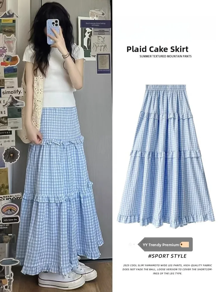 

Blue Plaid A-Line Midi Skirt Women Winter New High Waist Sweet Gentle Sle Cake Skirt Casual Wear Resistant High Elastici ...