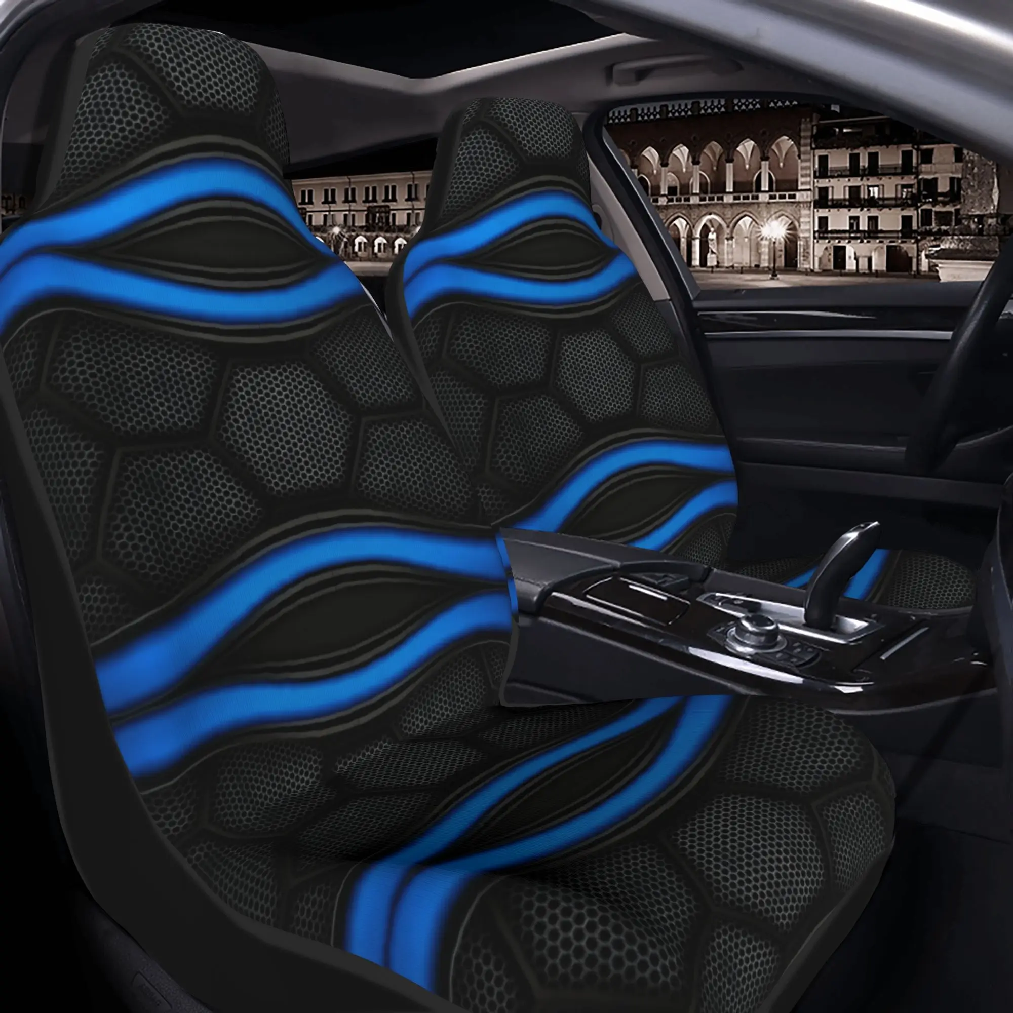 2pcs Blue Curve Cellular Network Unique Design Car Seat Cover Breathable Material Vehicle Front Seat Protector Durable Decorativ