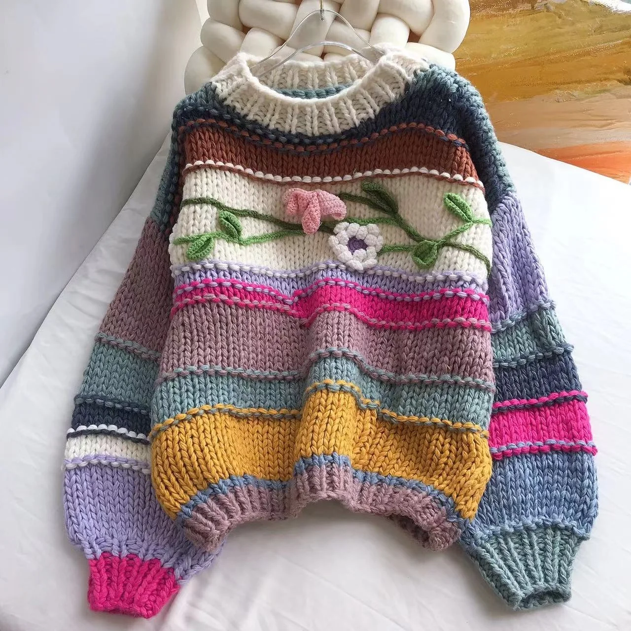 

Autumn 2023 Women's Handmade Loose Knitted Sweater with 3D Flower Design And Stripes Warm And Sli Commute Sle