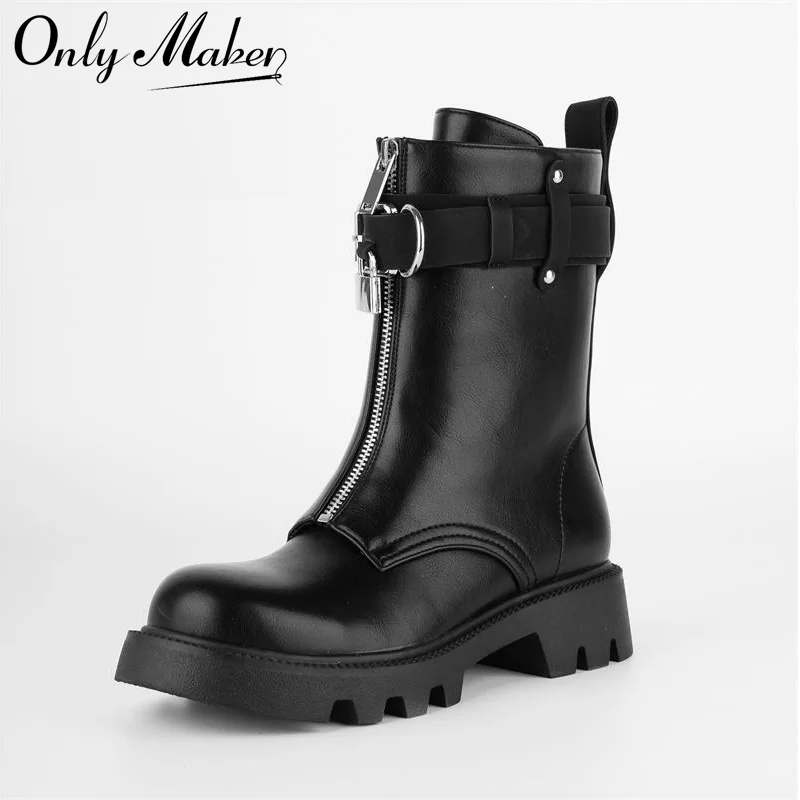 

Onlymaker Women Round Toe Pull On Ankle Boots Autumn Winter Fashion Platform Motorcycle Ankle Boots