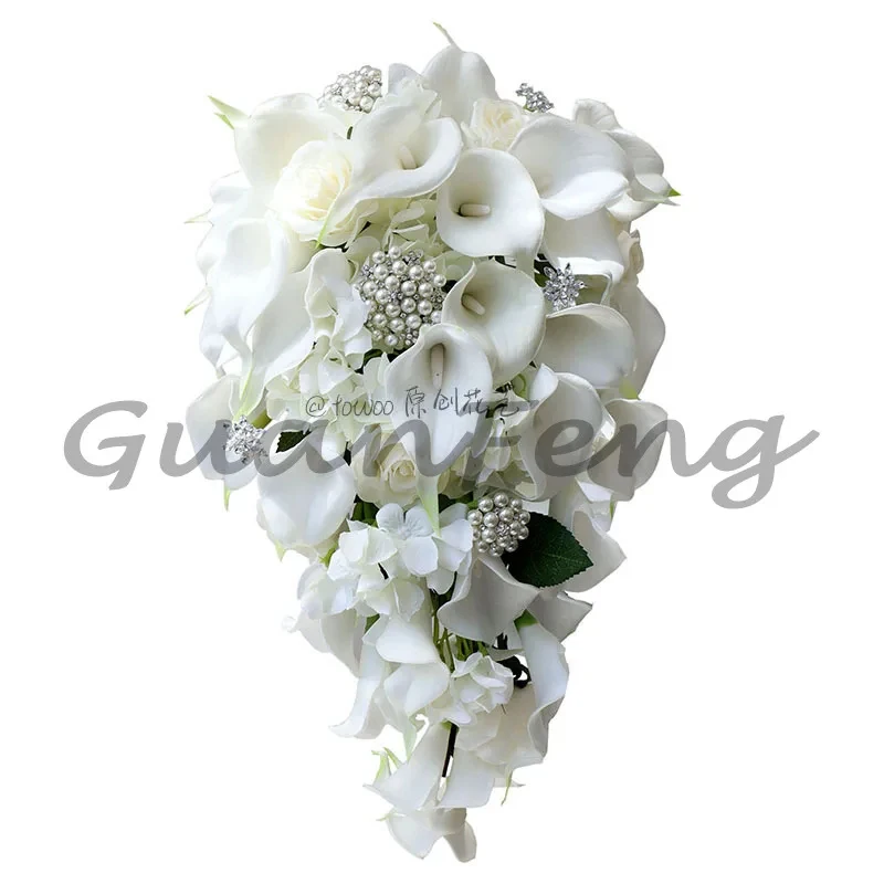 

Bridal Wedding Bouquet White Calla Lily Artificial Floral Teardrop Design Wedding Ceremony Bouquet