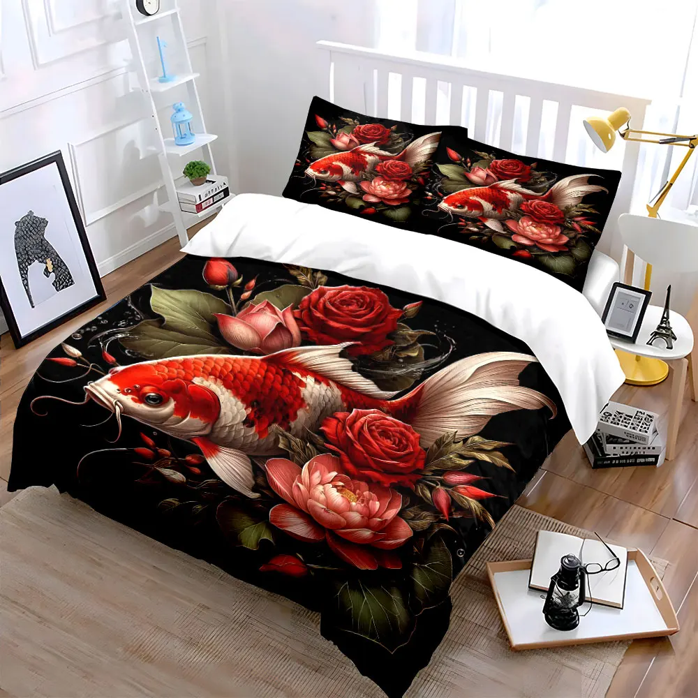 Koi Fish Surrounded By Red Flowers Print Bedding Set 1 Duvet Cover 2 Pillowcases for Adult and Children Luxury Gift Full Size
