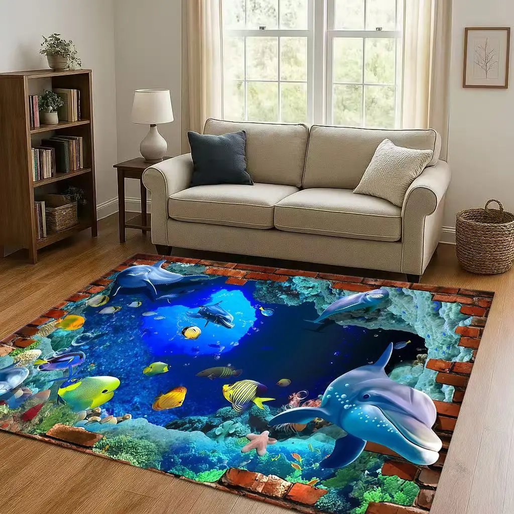 New 3D Illusion Underwater World Breaking Wall Living Room Non-Slip Area Rug Carpet for Bedroom Playroom Sofa,Home Decor Doormat