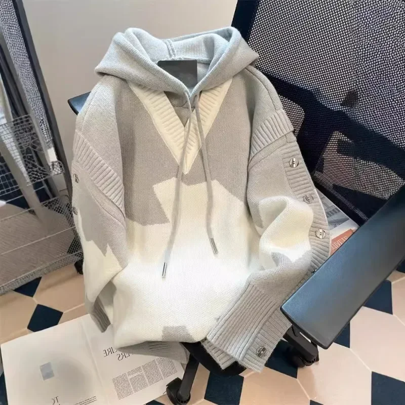 

American Style Men's Women's Design Niche Contrasting Color Hooded Knitted Sweatshirt Trendy Brand Fake Two-piece Sweater Jacket