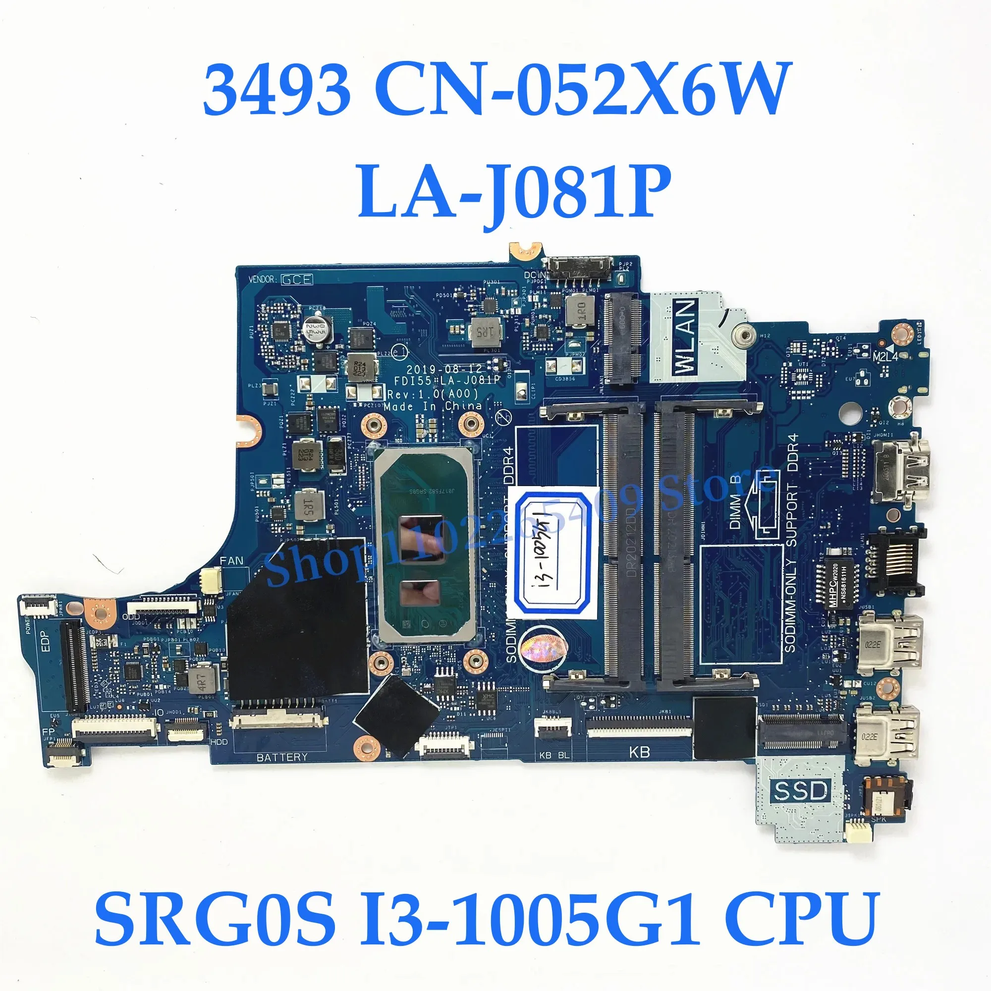 052X6W 0790WT 07TKJ3 01J5TX 01VFDK 047MF0 0G8NCD Mainboard For DELL 3493 3593 3793 5593 LA-J081P Wth I3/I5/I7 CPU 100% Tested OK