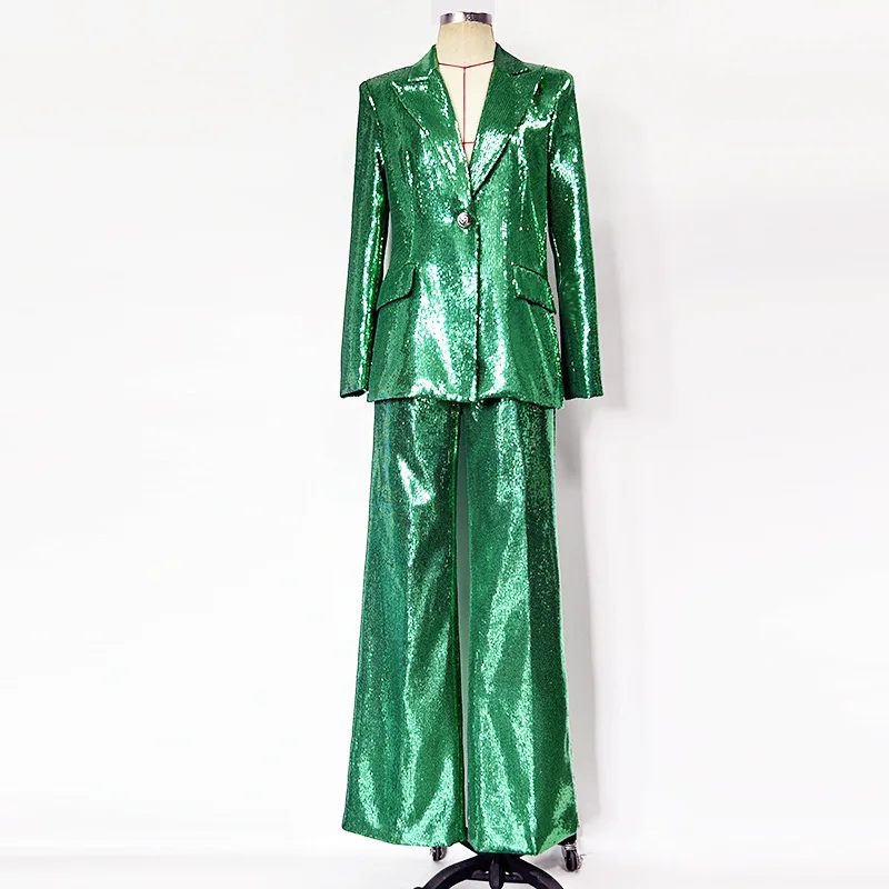 Advanced Sequin Set for Women 2025 New Style Temperament Green Suit Long Pants Slim Fit Two-Piece Set