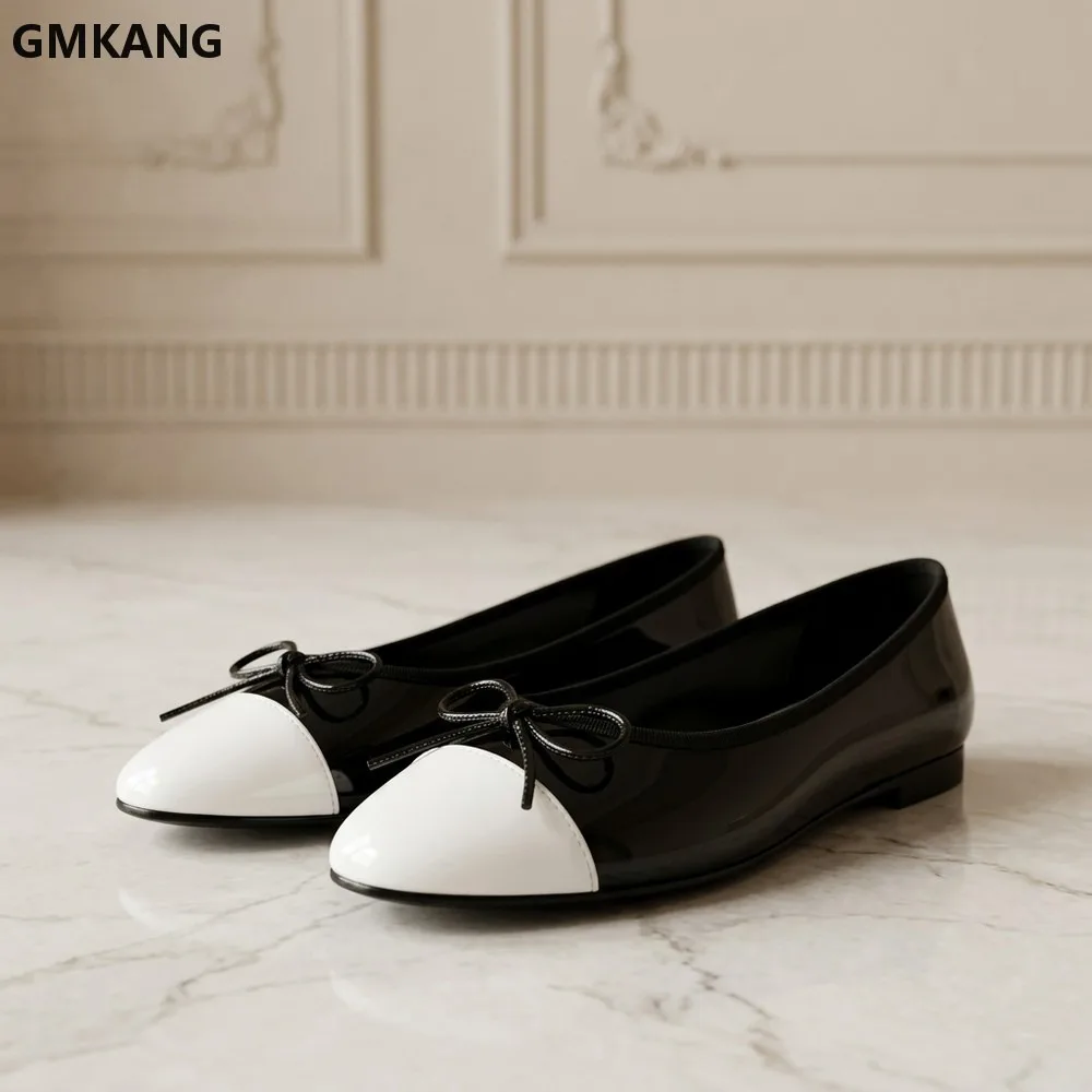 Zapatos planos de ballet con lazo de dos tonos para mujer, punta redonda, de cuero suave, cómodos para el día a día, para oficina, para caminar, zapatos informales GMKANG