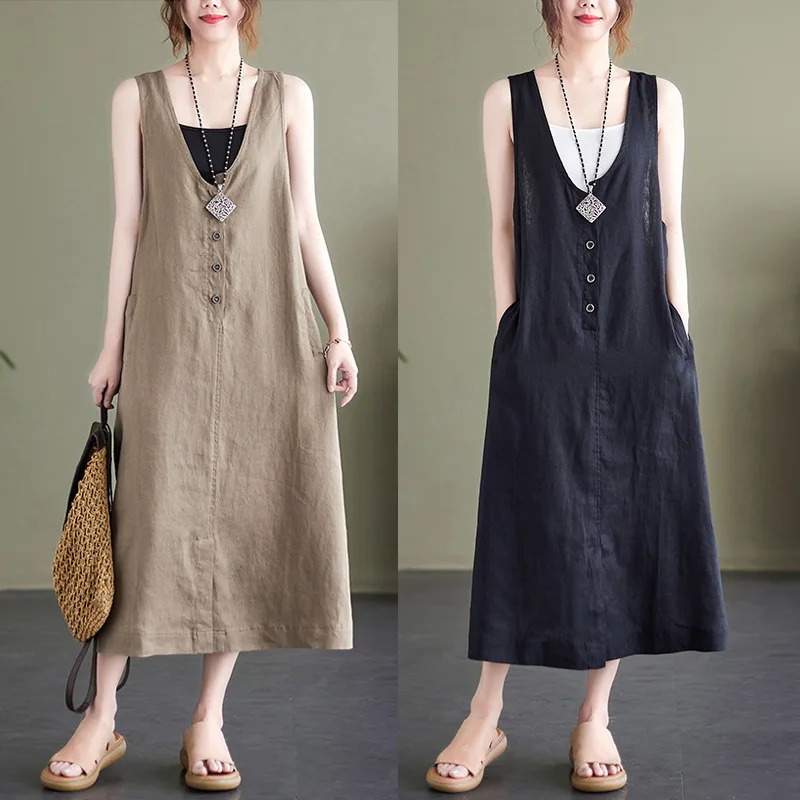 

2025 Summer New Literary Loose Solid Color Cotton and Linen V-neck Sleeveless Dress Women's Medium and Long