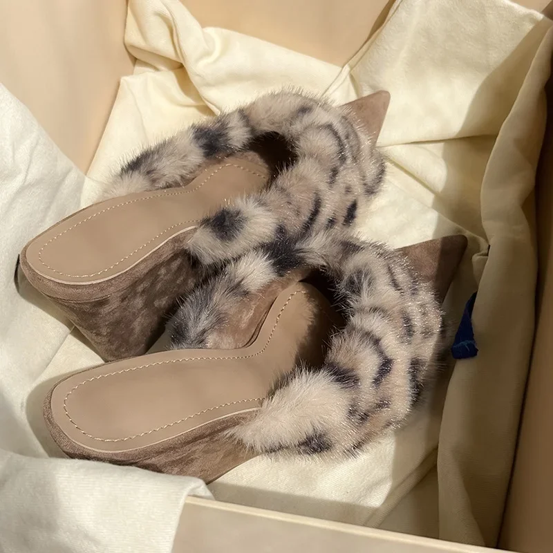 

Fur Women High Heels Shoes Pointed Toe Fashion Sexy Slippers New Designer Party Dress Pumps Luxury Zapatillas Mujer Plus Size 42