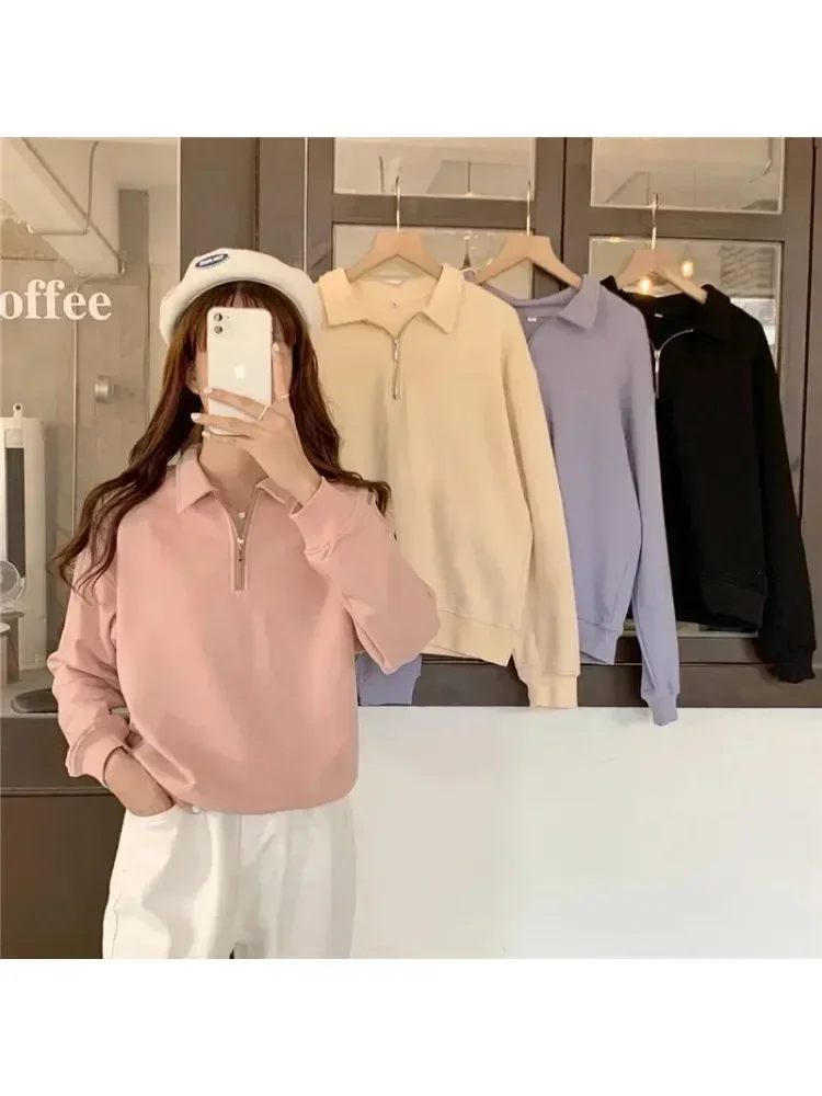 

Cropped Sweatshirts Women Basic 4-colors Preppy Style Solid Spring Zipper Design Korean Fashion Casual All-match Harajuku Chic