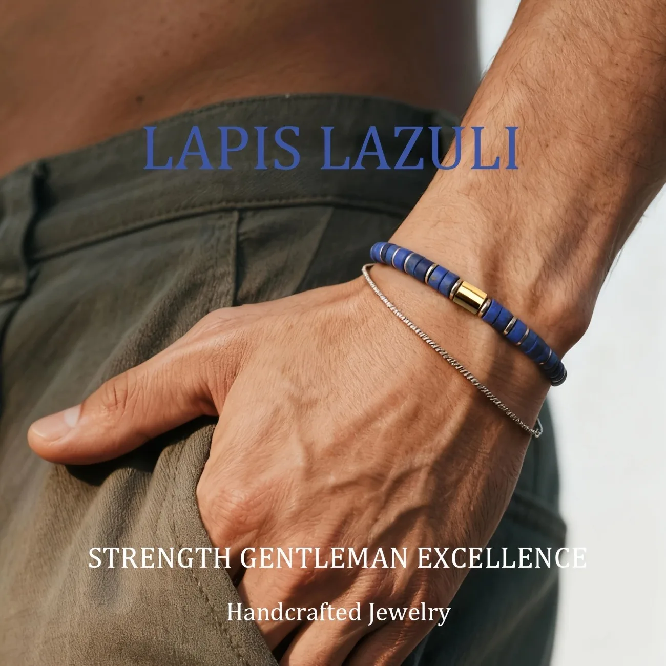 Men's Lapis Lazuli Bracelet with Golden Beads Gentleman's Accessory Symbolizing Strength and Success Suitable for All Occasions
