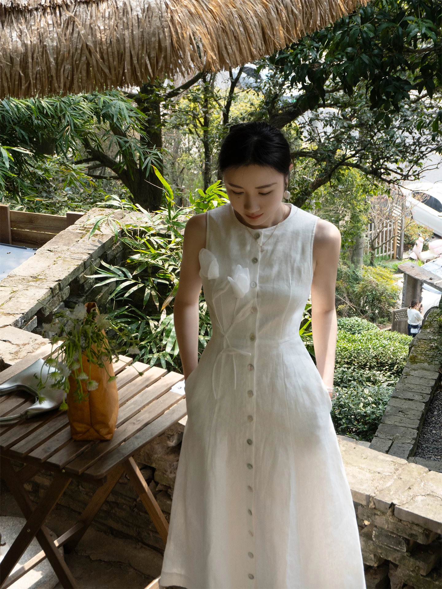 

Retro Linen Dr Tulip Decoration Single Button Svel Midi Simple White Dr High Waist Long Skirt Busin Casual Travel