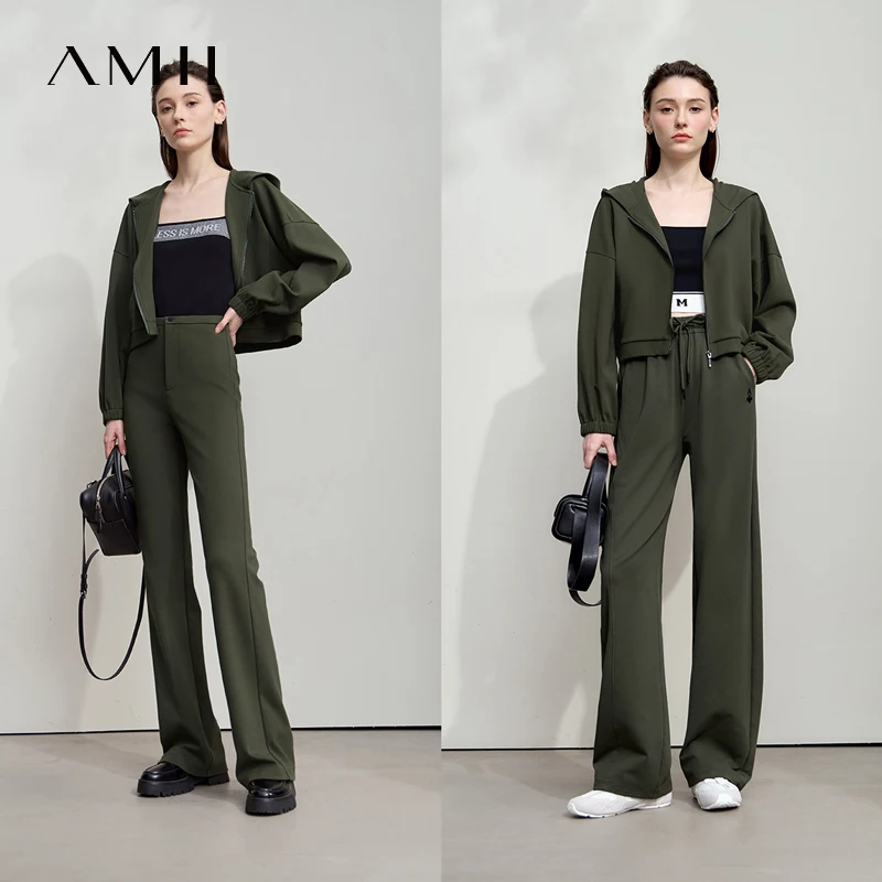 AMII Minimalist Woman's Sports Jacket Cotton 2025 Autumn New Green Hooded Long Sleeved Zipper Jacket Casual Outerwear 12543147