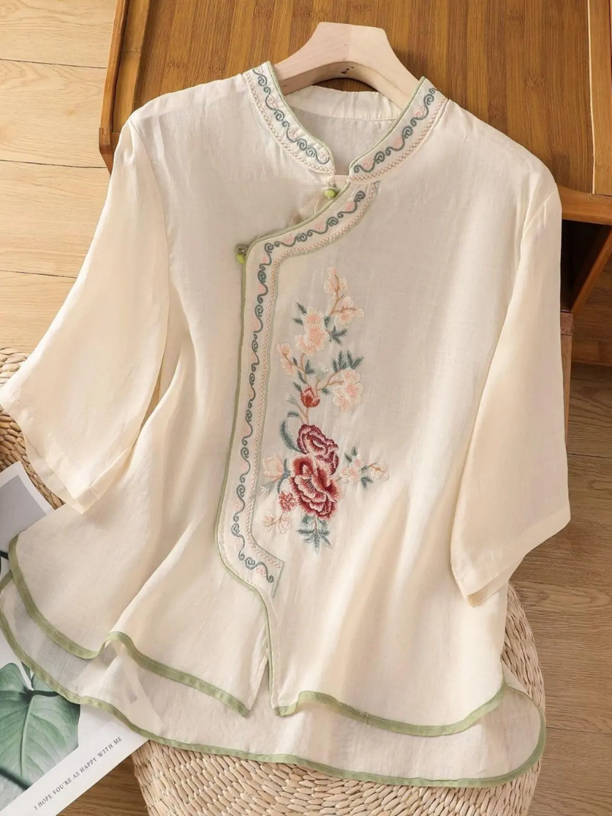 Chinese Style Retro Embroidery Summer Linen Cotton Blouse Women Frog Button Stand Collar Oblique Front Tea Hanfu Tops CN-305