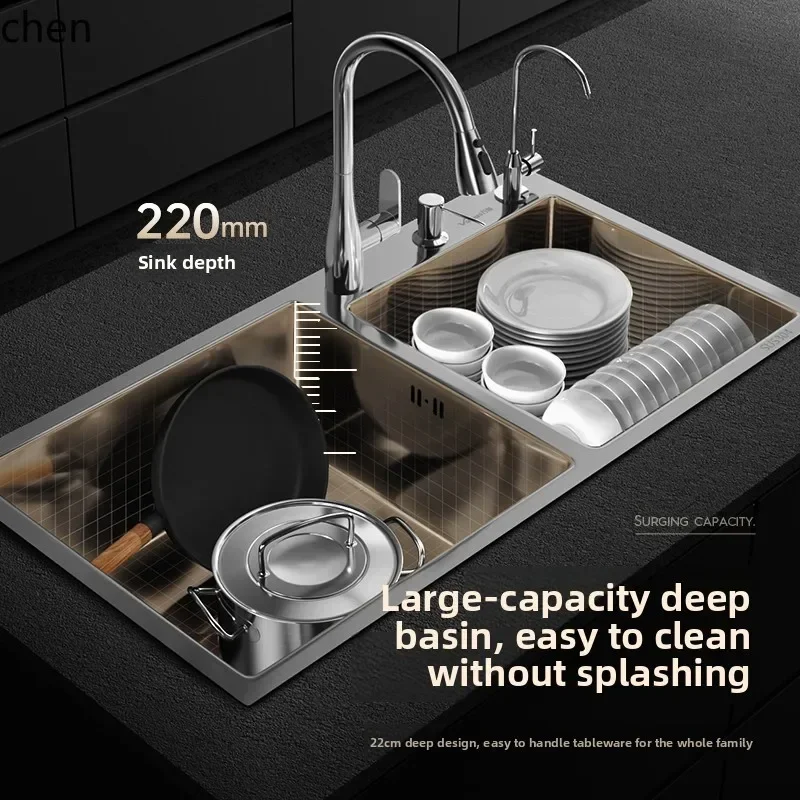 HYS Kitchen Sink Large Double Basin 304 Stainless Steel Vegetable  Handmade Nano Thickened Undermount Sink Dishwashing