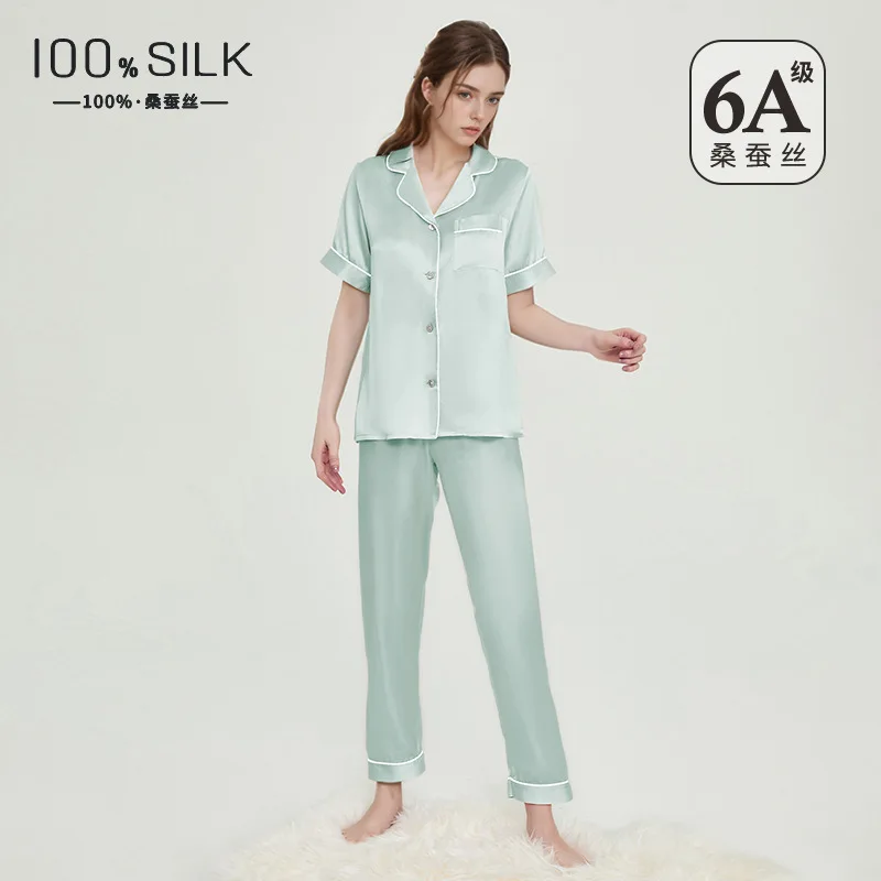 Spring Summer 19 Momme 100% Mulberry Silk Pajama Set Women Short Sleeve Long Pants Luxury Skin-friendly Antibacterial Loungewear view 2
