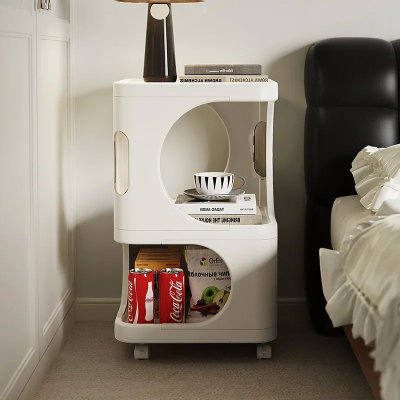 Stylish Movable Side Table, Living Room Trolley with Lockable Casters,Multi-Function Nightstand Shelf for Bedroom,3-Tier Storage