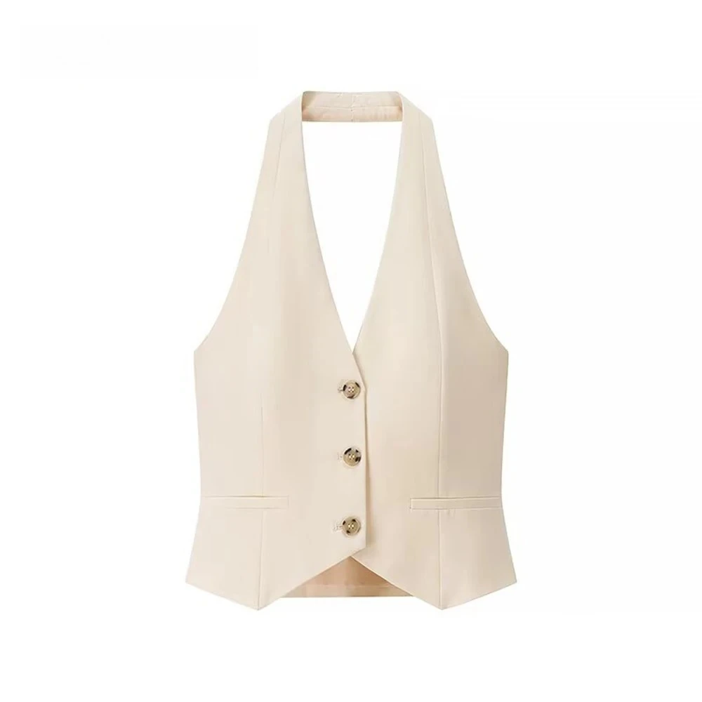KONDALA Chic Beige Woman Streetwear Vest Sleeveless Neck-mounted Single Breasted Tops Fashion 2025 Summer High Street Tank Tops