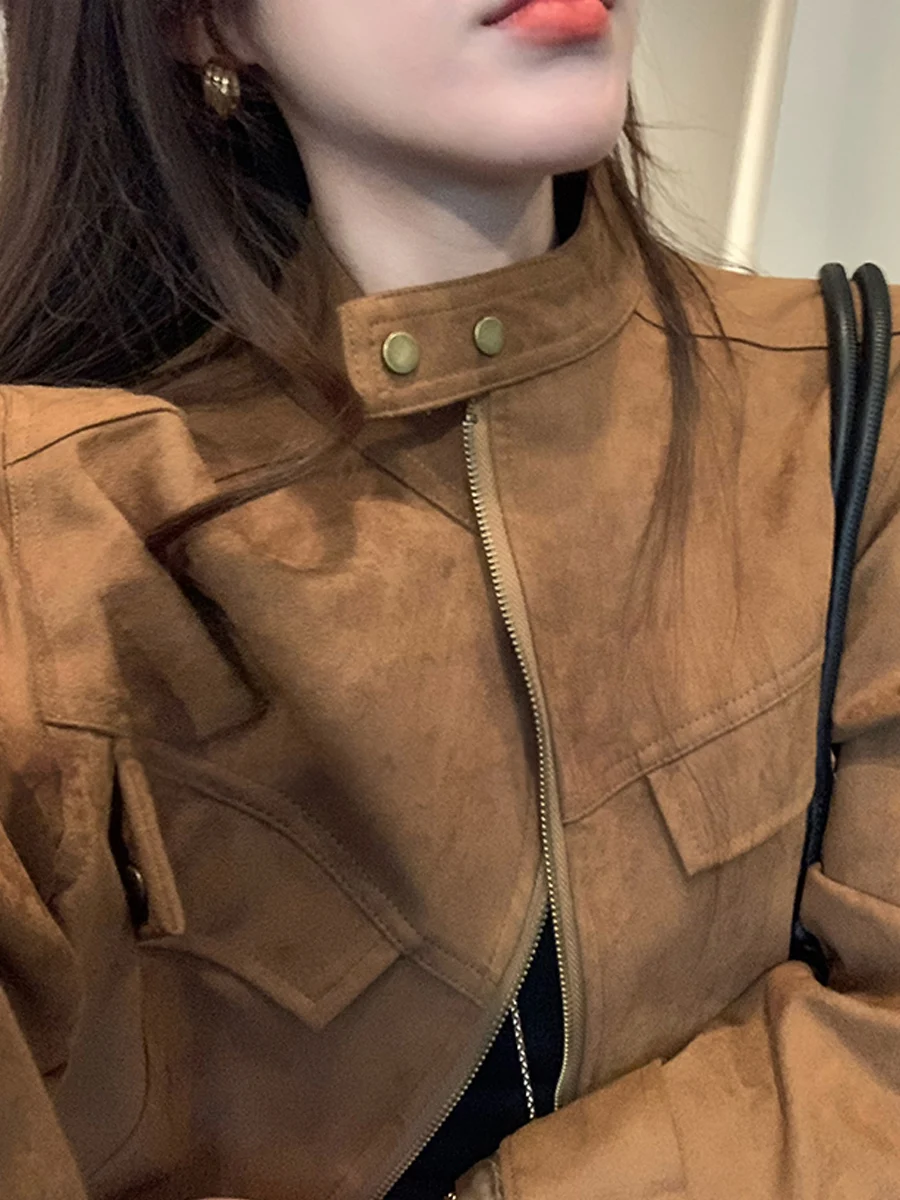 معطف نسائي جديد لربيع وخريف 2025 مصنوع من جلد الغزال عالي الإحساس مقاس صغير #5
