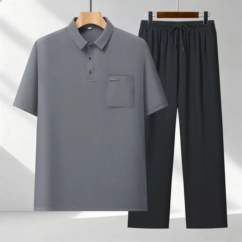 

Men's Summer 2 Piece Set Short Sleeve Polo Shirt and Elastic Waist Pants Casual Outfit for Elderly
