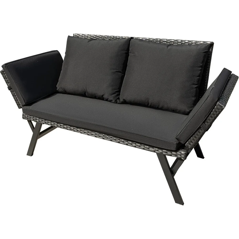 

Outdoor Sofa, Woven Rattan Patio Furniture, Convertible Daybed or Double Chair with Adjustable Armrests, Cushions