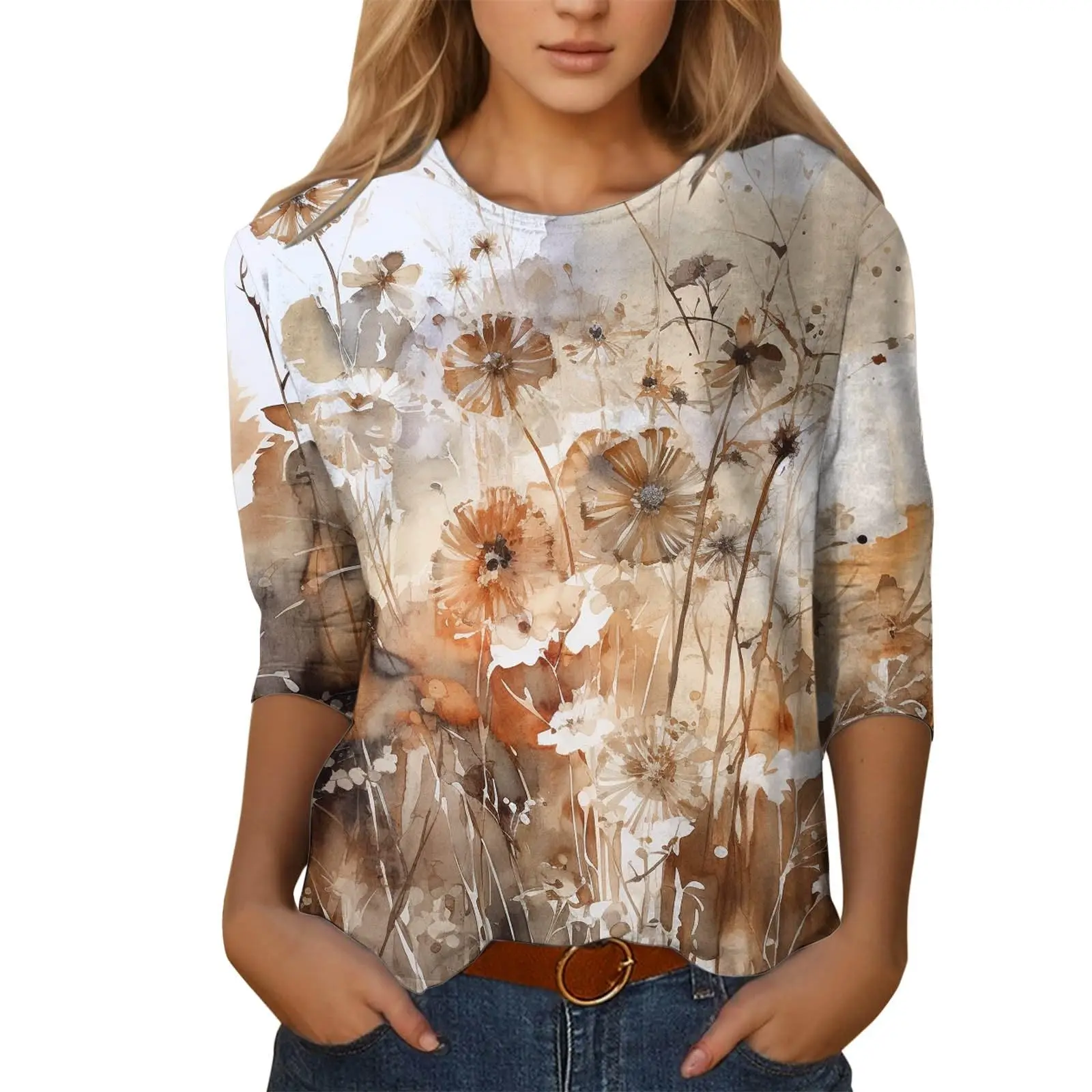 Women\'s T-shirt 3d print retro ink flower print casual long sleeve round neck regular top daily print pink spring and autumn