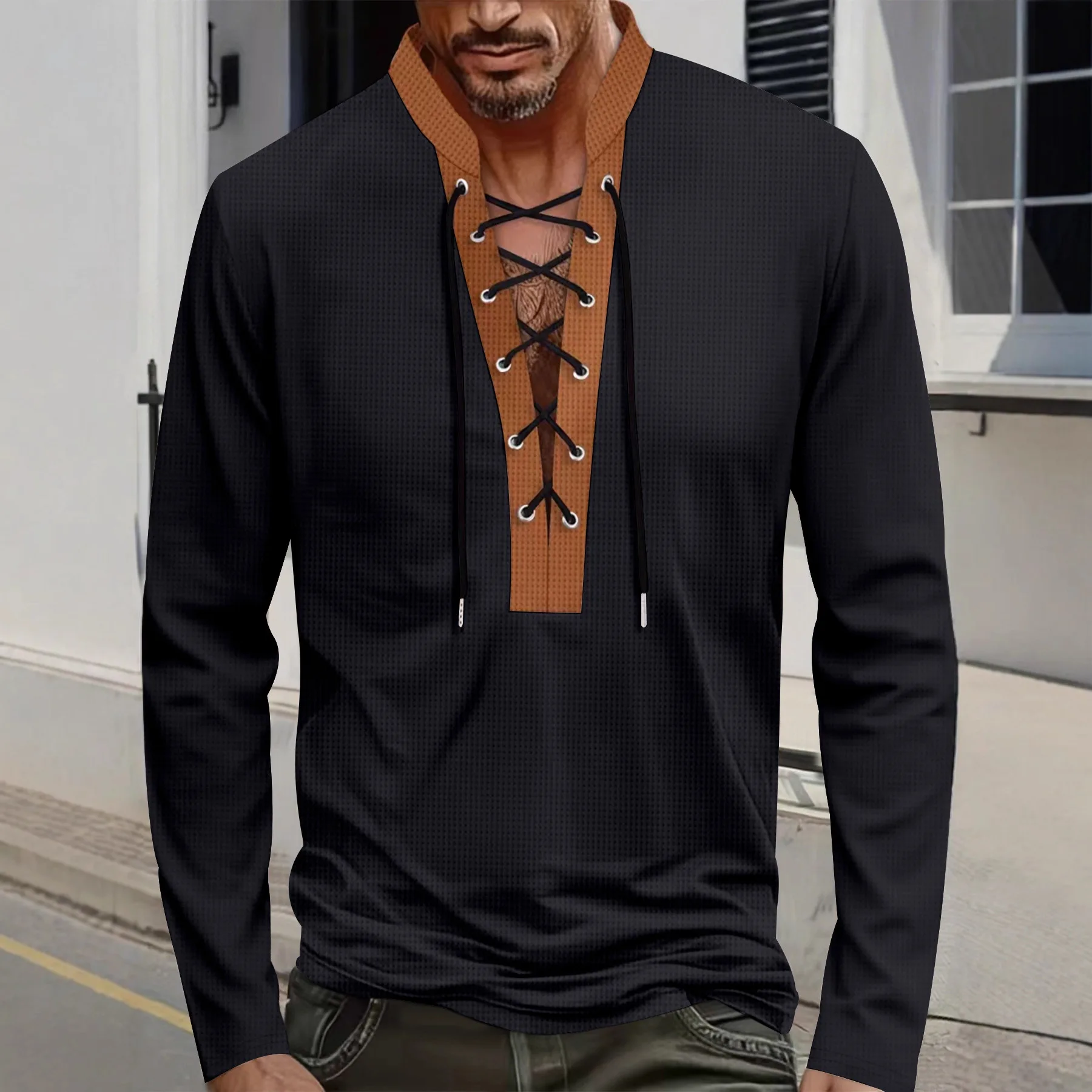 Men's new spring and autumn waffle stitch pullover long-sleeved color-block drawstring stand-up collar trendy T-shirt top