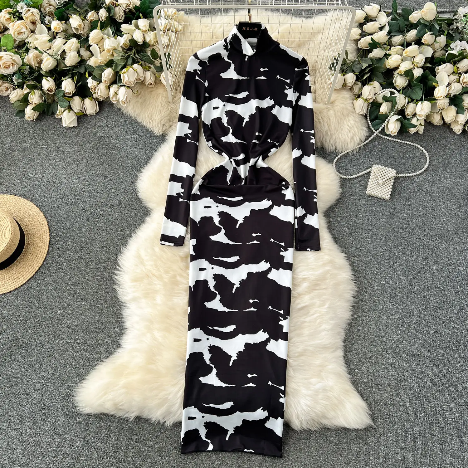 

American Fracne Fashion Luxury Tie Dye Printed Dress Women's Autumn New Sexy High Neck Long Sleeve Slim Fit Elastic Long Dress